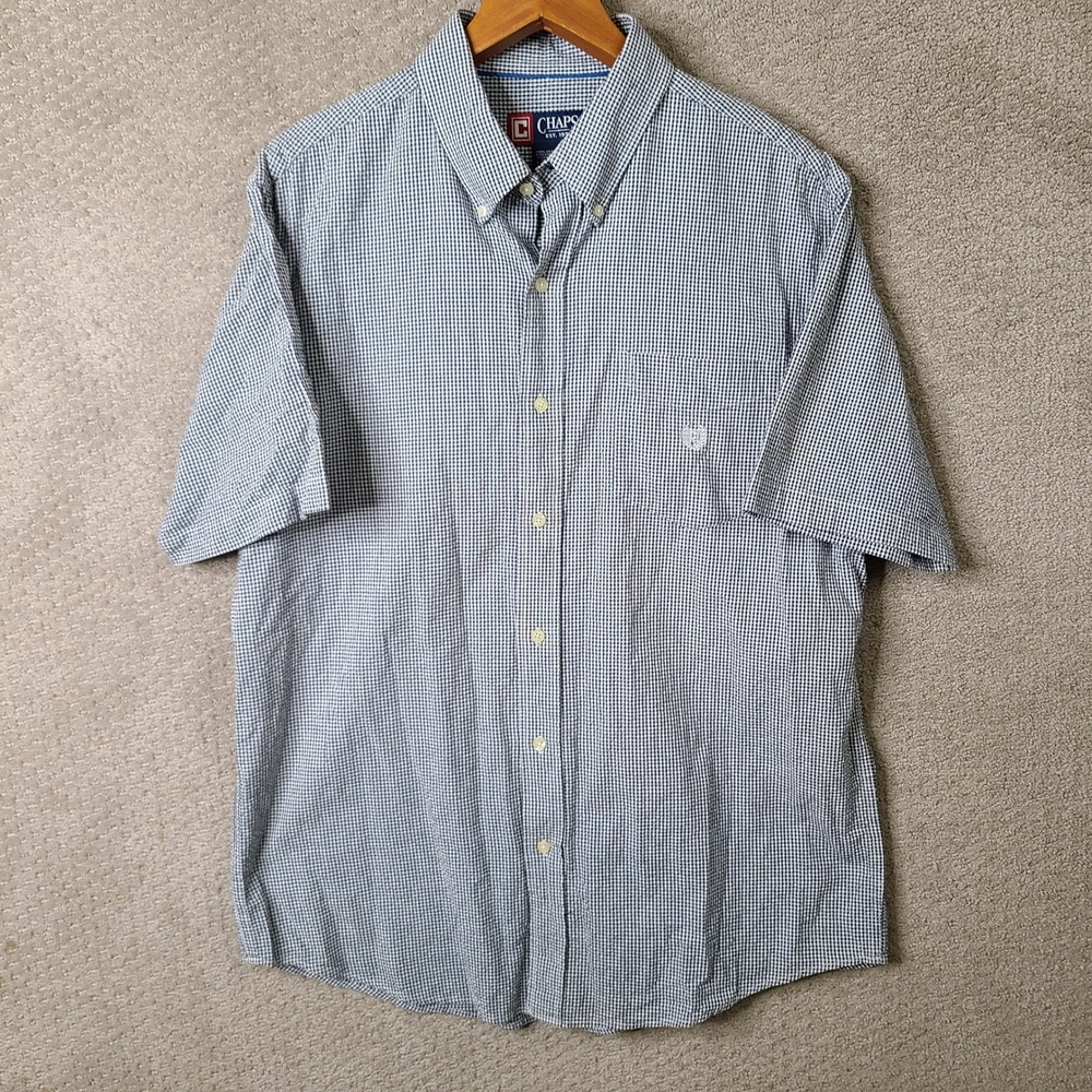 Chaps Shirt Mens Large Blue Gingham Button Down Short Sleeve Cotton Casual